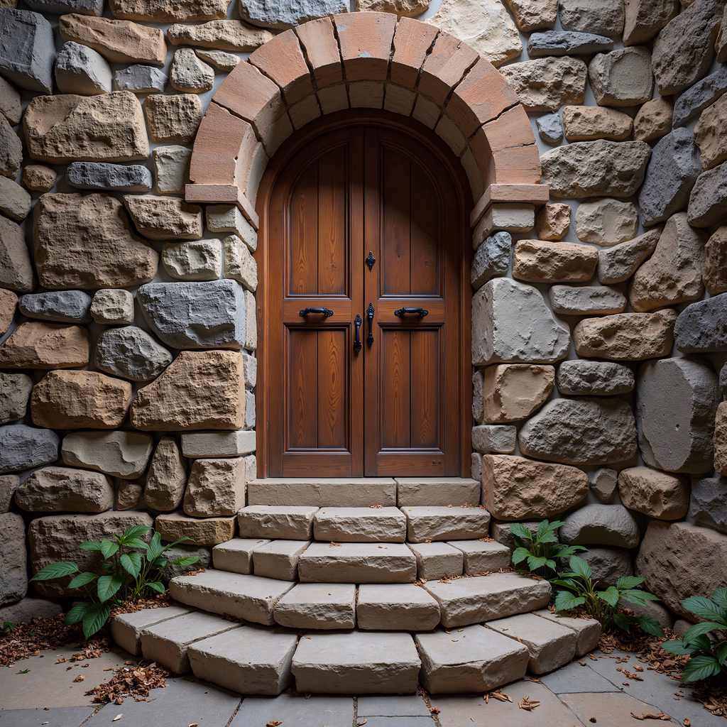Rustic stone doorway with wooden door and steps, surrounded by greenery.