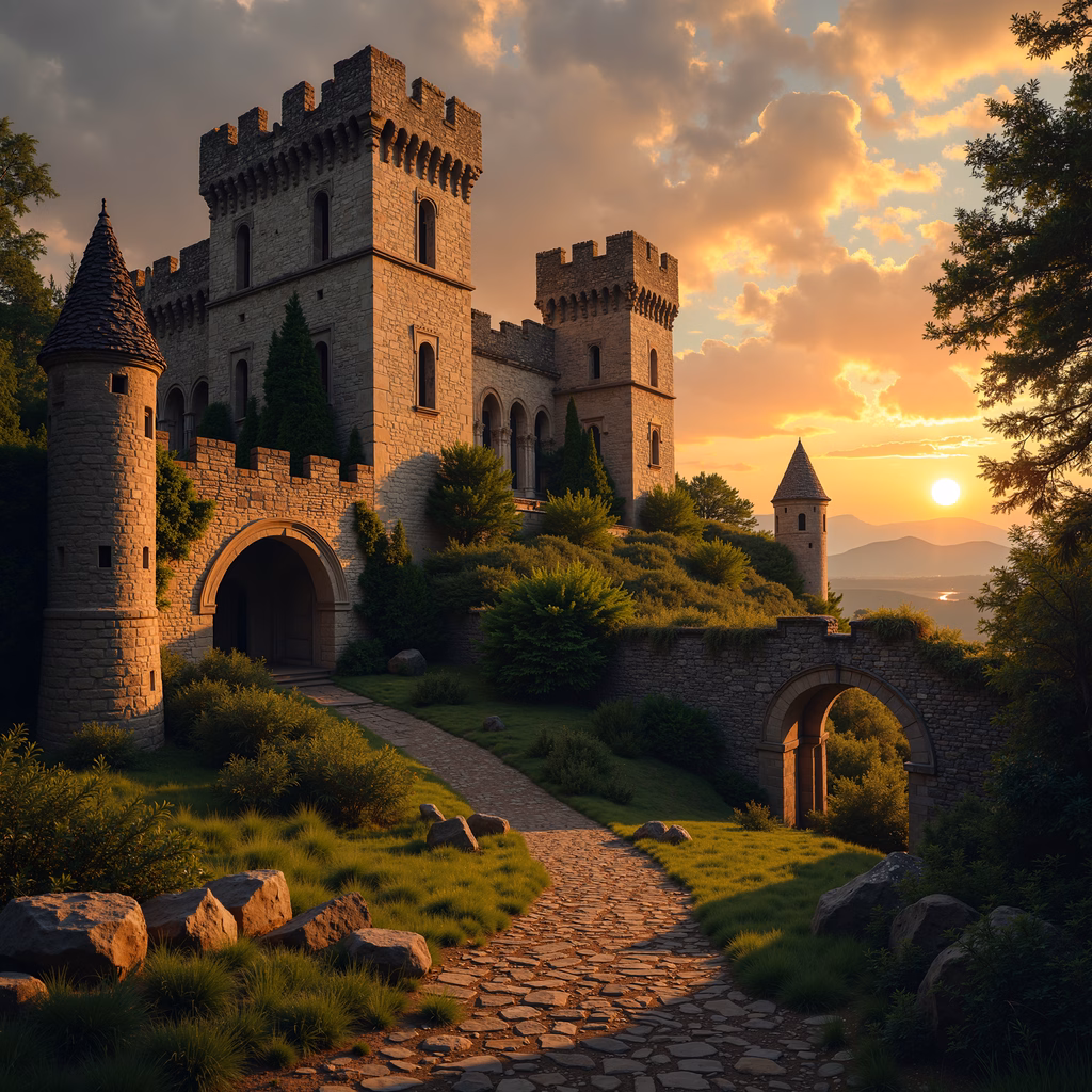 A magical sunset illuminates a stone castle amidst verdant surroundings, evoking a sense of wonder and tranquility.