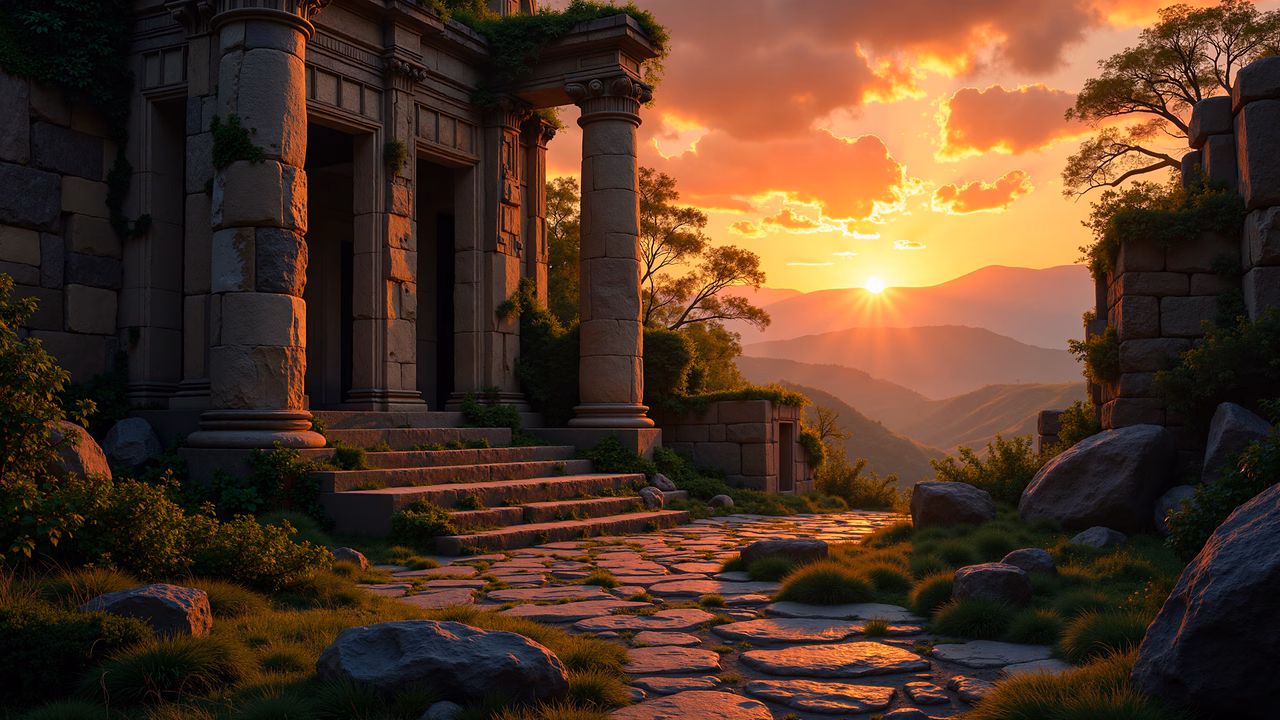Ancient ruins at sunset, tranquil landscape