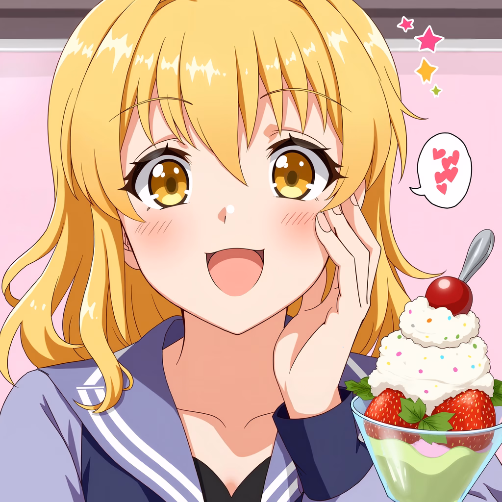 Cheerful anime girl with golden hair and expressive eyes, surrounded by a delightful parfait and heart-filled speech bubble.