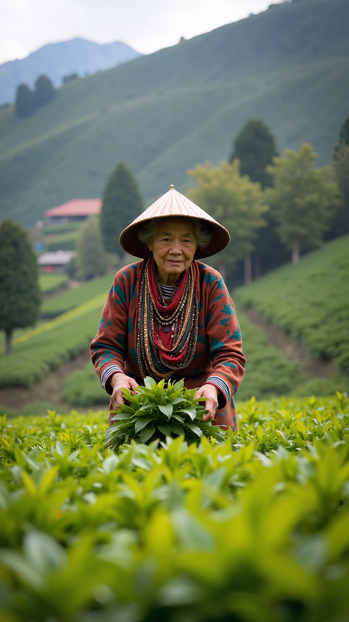 Elderly tea picker in vibrant traditional attire amidst lush tea fields, evoking peace and connection to nature.