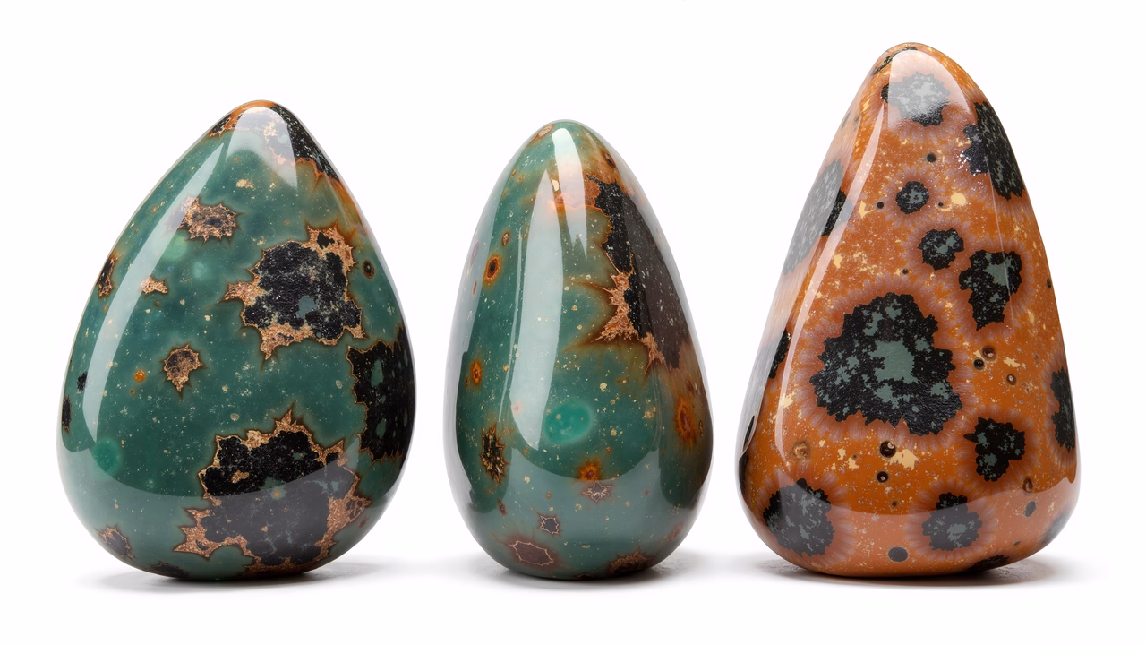 Teardrop-shaped agates with vibrant green, black, and orange hues, showcasing natural patterns and glossy surfaces.