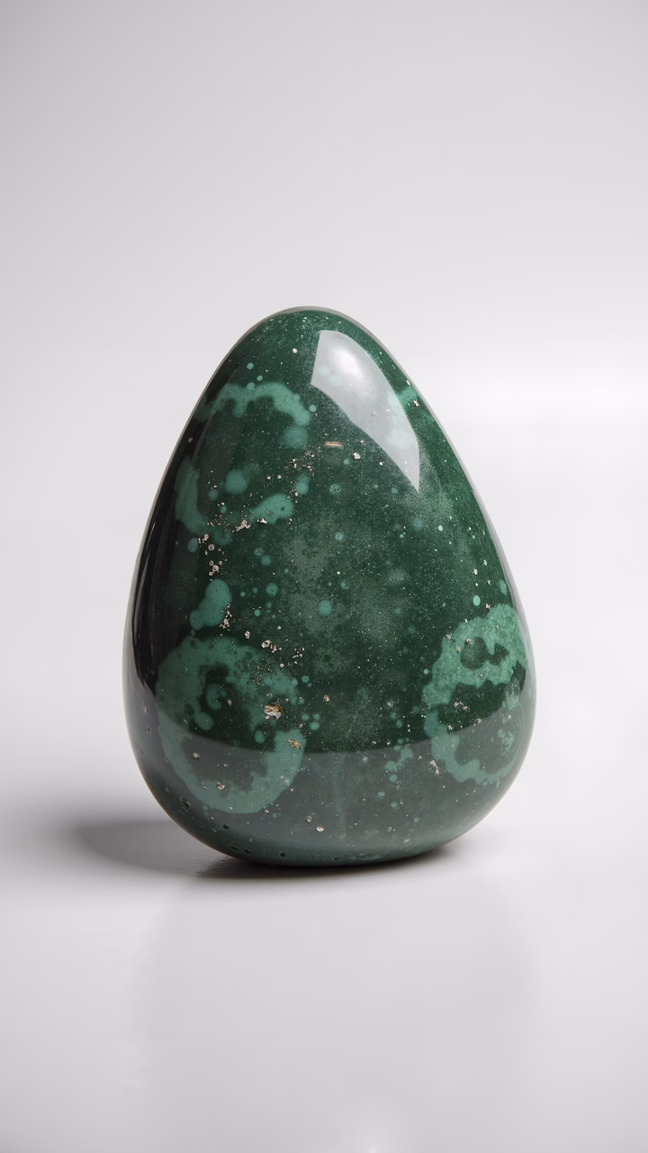 Teardrop-shaped gemstone with vibrant green hues and speckled patterns on a minimalist white background.