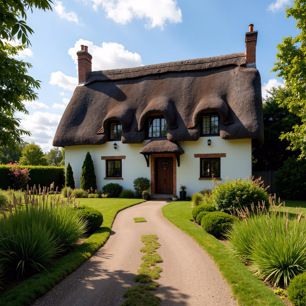 A picturesque thatched cottage surrounded by nature, perfect for a serene escape.