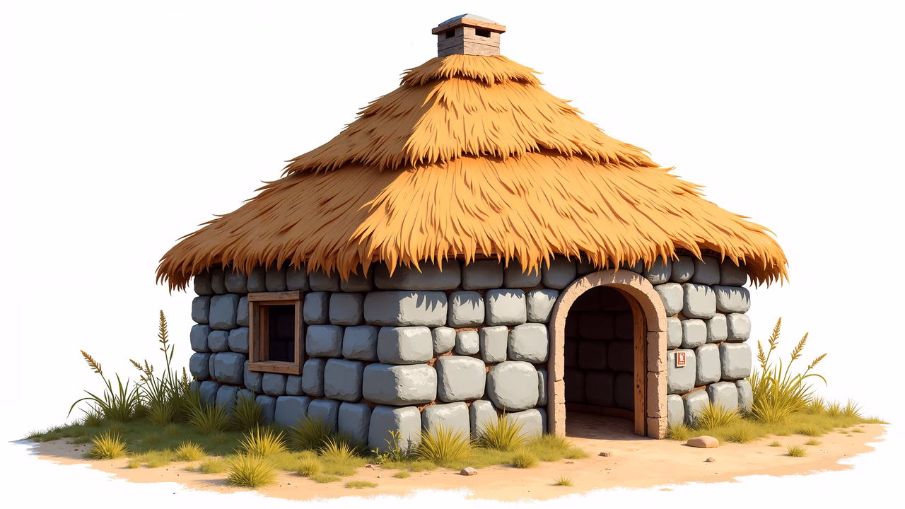 A quaint, thatched-roof stone hut nestled in nature, perfect for a serene countryside scene.