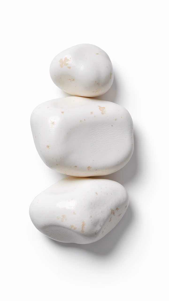 Minimalist still life featuring three smooth white stones with subtle textures and earthy specks against a white background.