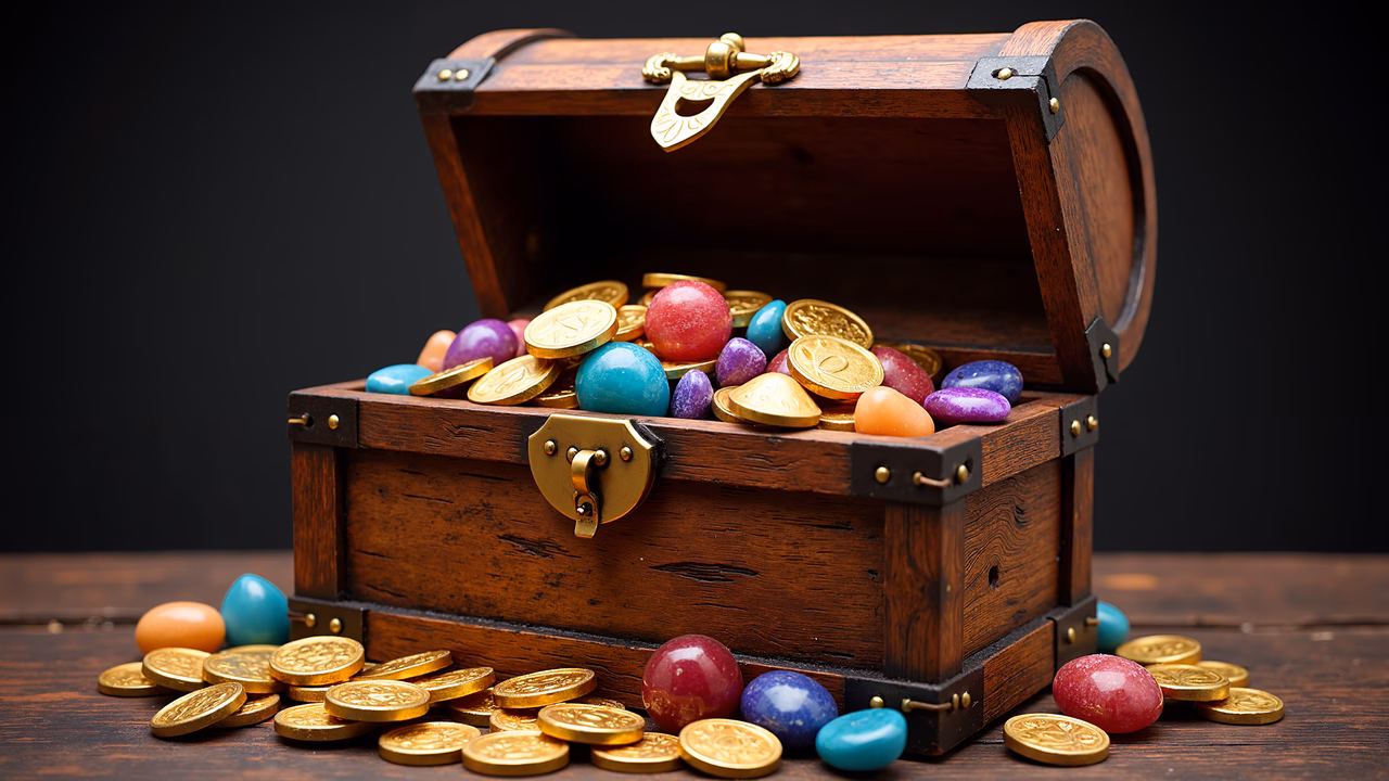 A treasure chest overflowing with colorful candies on a dark wooden surface.