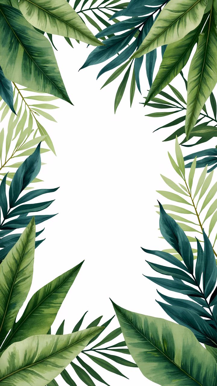 Vibrant tropical leaves frame a blank white space, creating a serene nature-inspired illustration.
