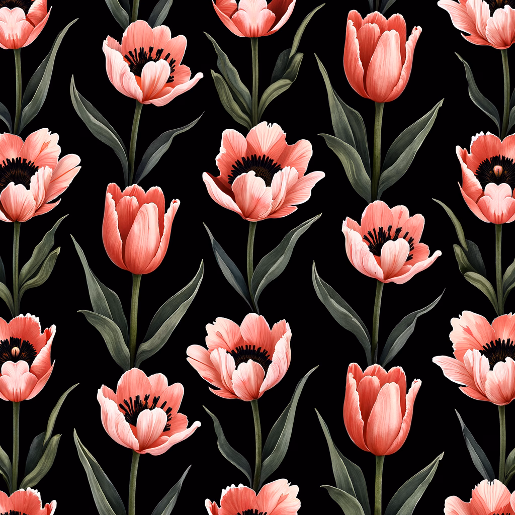 Vibrant pink tulips on a black background, floral art illustration.