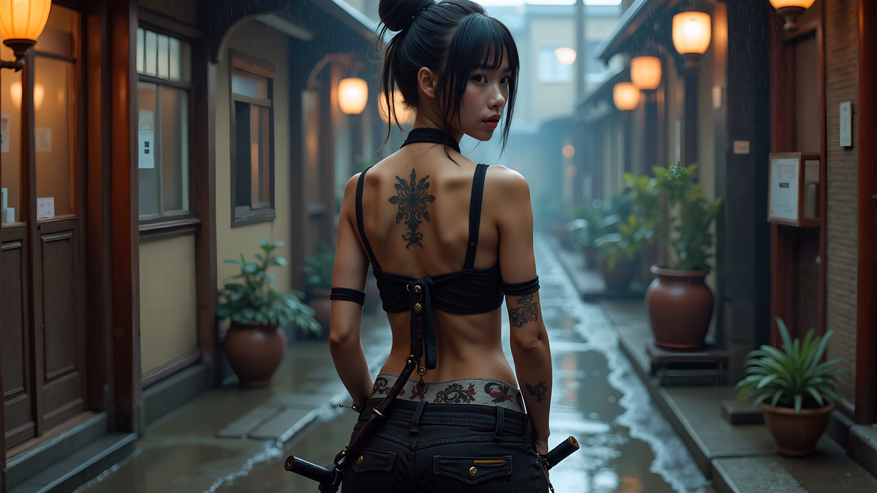 Mysterious urban fantasy woman with intricate tattoos in a rain-soaked alleyway.