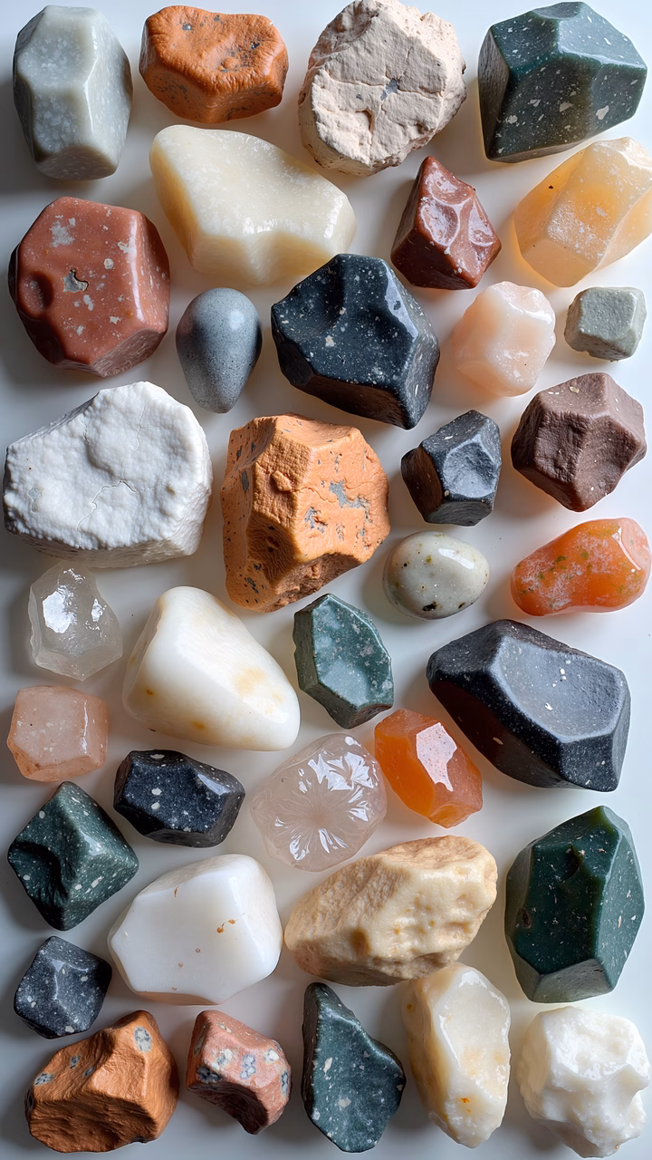 A collection of various colored and shaped stones.