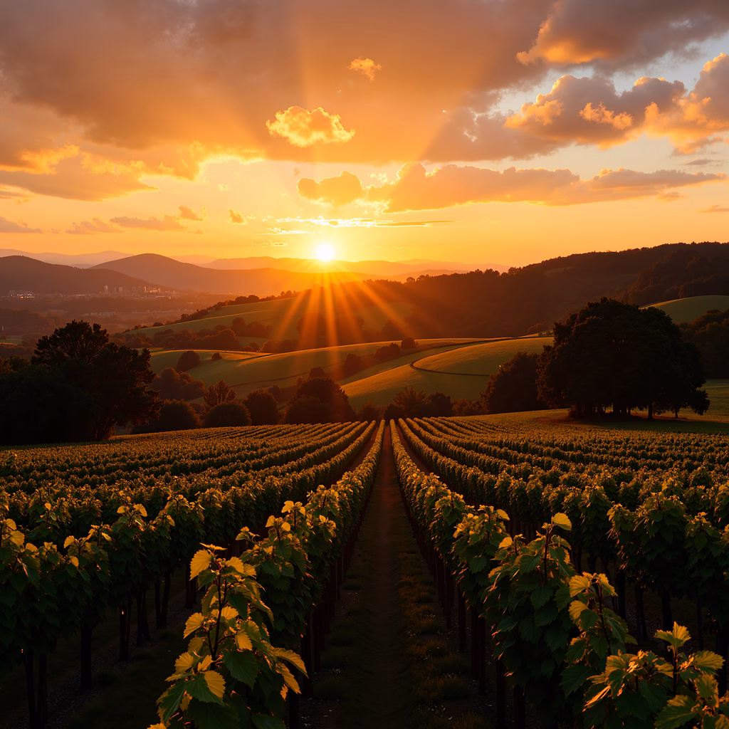 Golden vineyard sunset, serene landscape, natural beauty