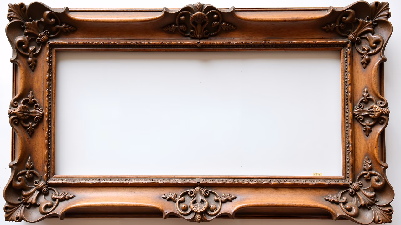 Elegant vintage ornate frame with intricate carvings and warm wood tones.