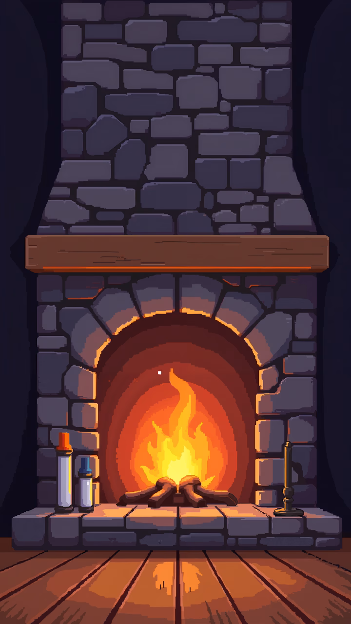 A cozy fireplace scene with warm flames and rustic details.