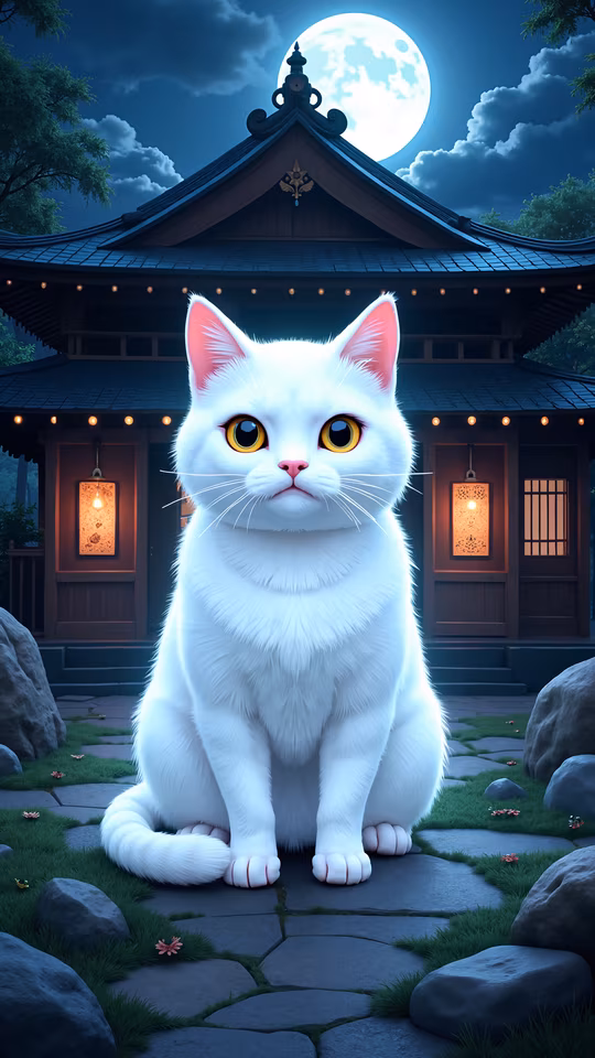 White Cat in Moonlit Garden