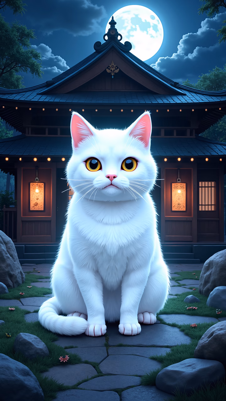 A white cat with glowing eyes sits in front of a moonlit Japanese house, surrounded by lanterns and stones.