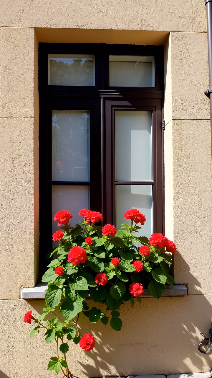 A tranquil window scene with red flowers against a beige wall.