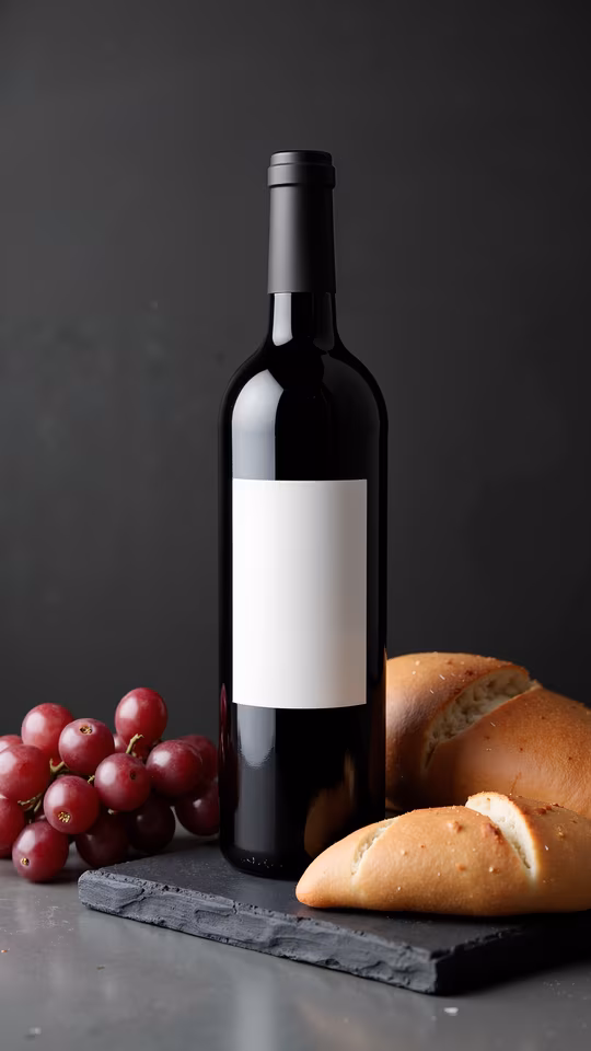 Wine Bottle with Bread and Grapes