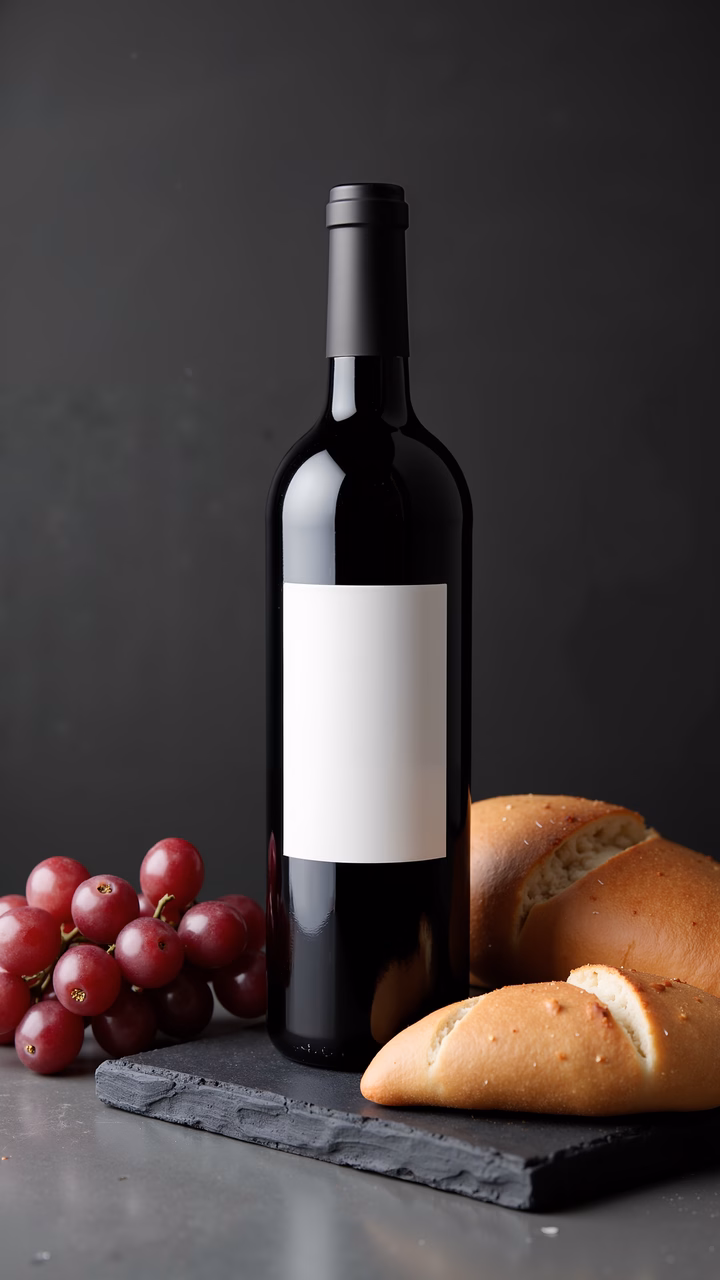 Minimalist wine bottle with bread and grapes, elegant food photography.