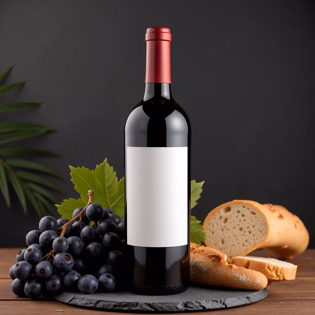 Close-up of wine bottle, grapes, and bread on a wooden table.