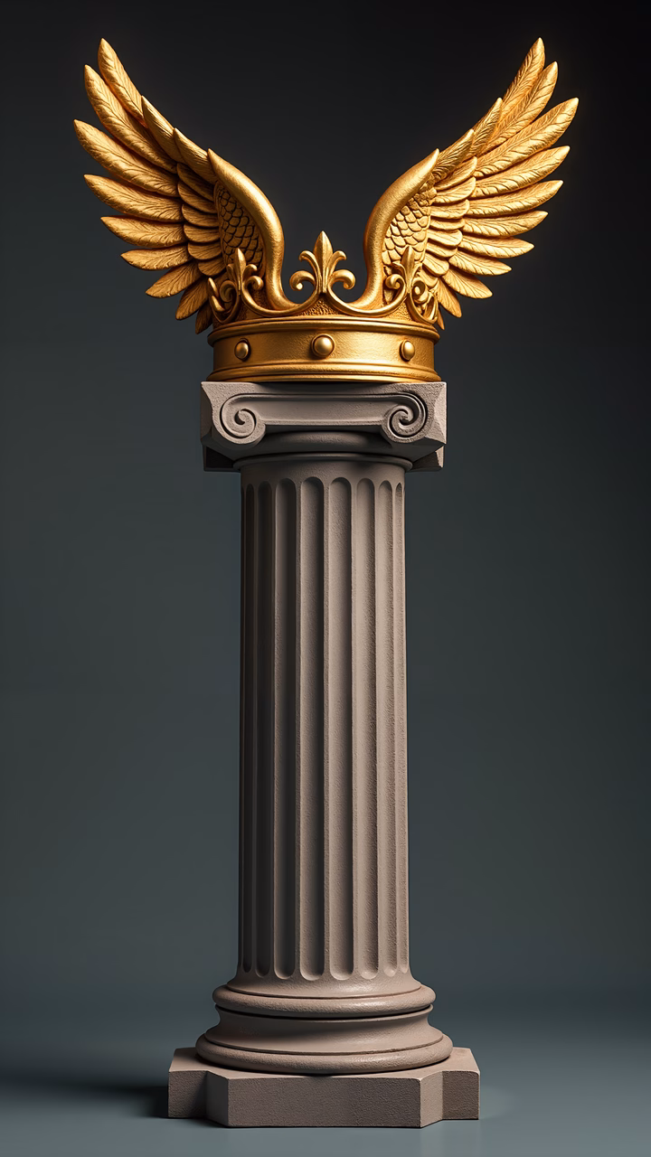 Elegant winged column with golden accents and classical design.