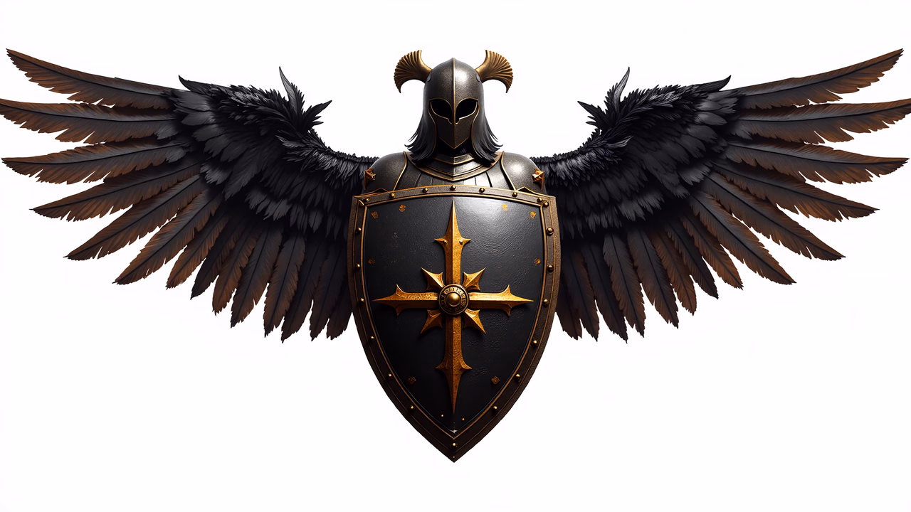 Dark knight with golden cross and expansive wings, symbolizing strength and protection.