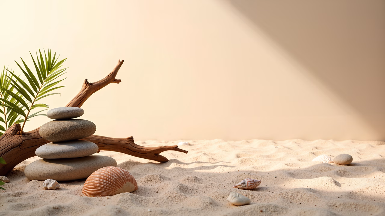Balanced stones and driftwood on a peaceful beach under soft sunlight.