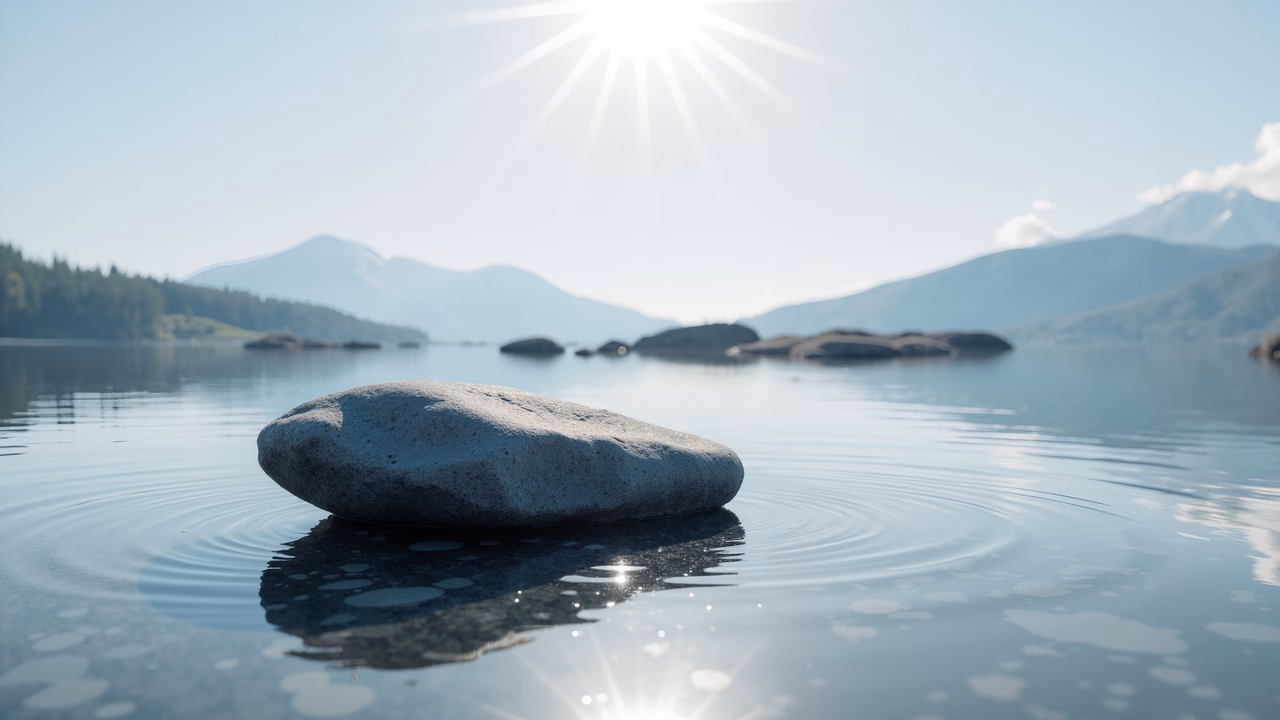 A peaceful stone reflection in a tranquil lake setting.