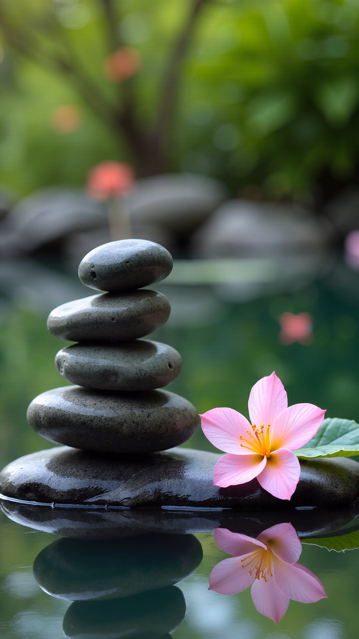 Balanced stones and blossoms in a peaceful garden setting.