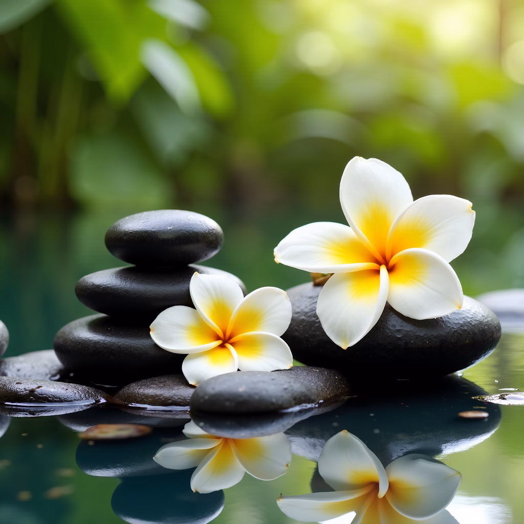 Balanced stones with plumeria flowers in a tranquil setting.