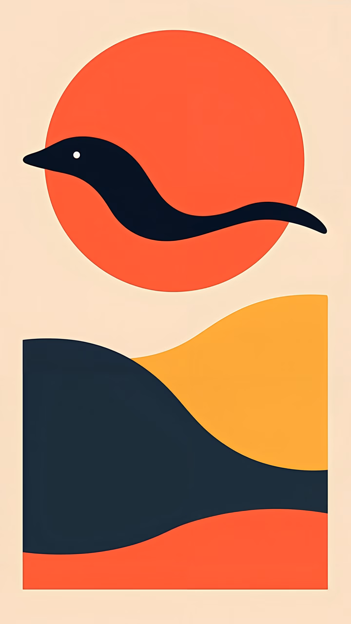 Minimalist bird and waves illustration with vibrant colors and serene atmosphere.