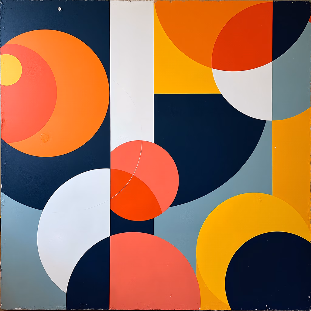 Bold geometric shapes in vibrant colors create a dynamic and modernist abstract composition.
