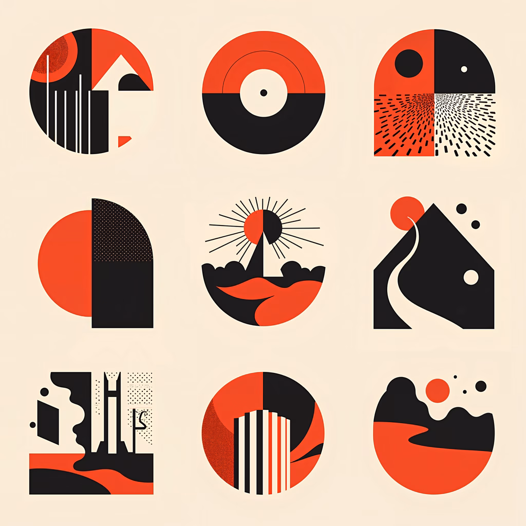 Abstract geometric compositions in red, black, and white on a neutral background.