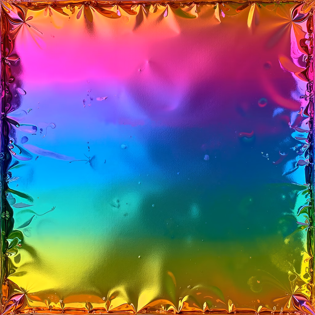 Vibrant gradient illustration with metallic patterns and fluid textures.