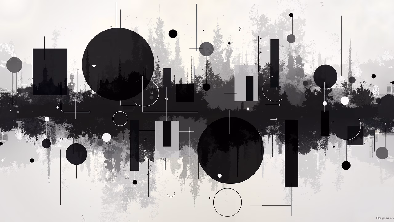 Abstract geometric landscape in black and white, blending order and chaos.