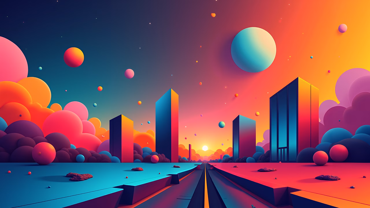 Vibrant, futuristic cityscape with surreal colors and geometric shapes.