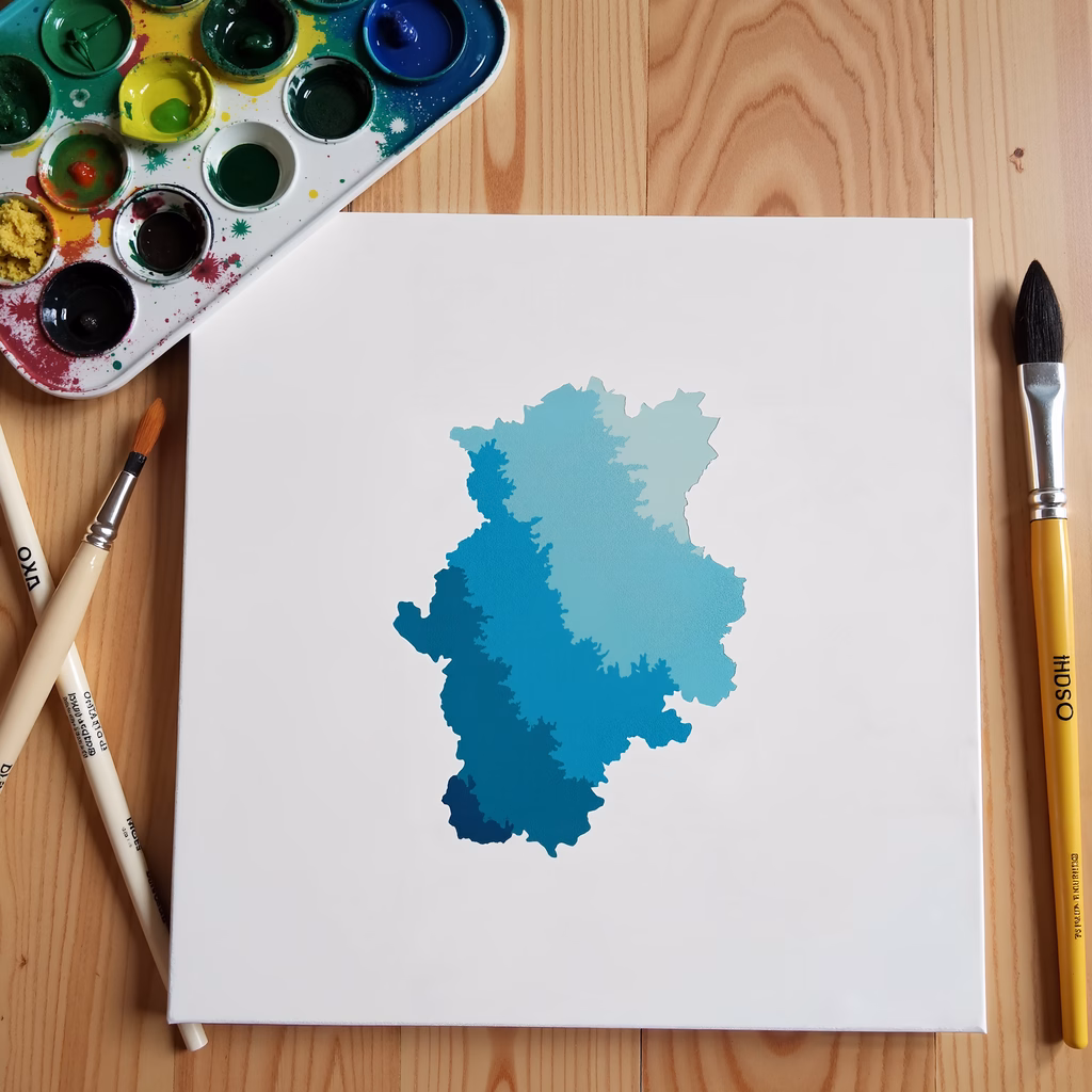 Abstract watercolor painting with dynamic blue hues on a white background, surrounded by art supplies.