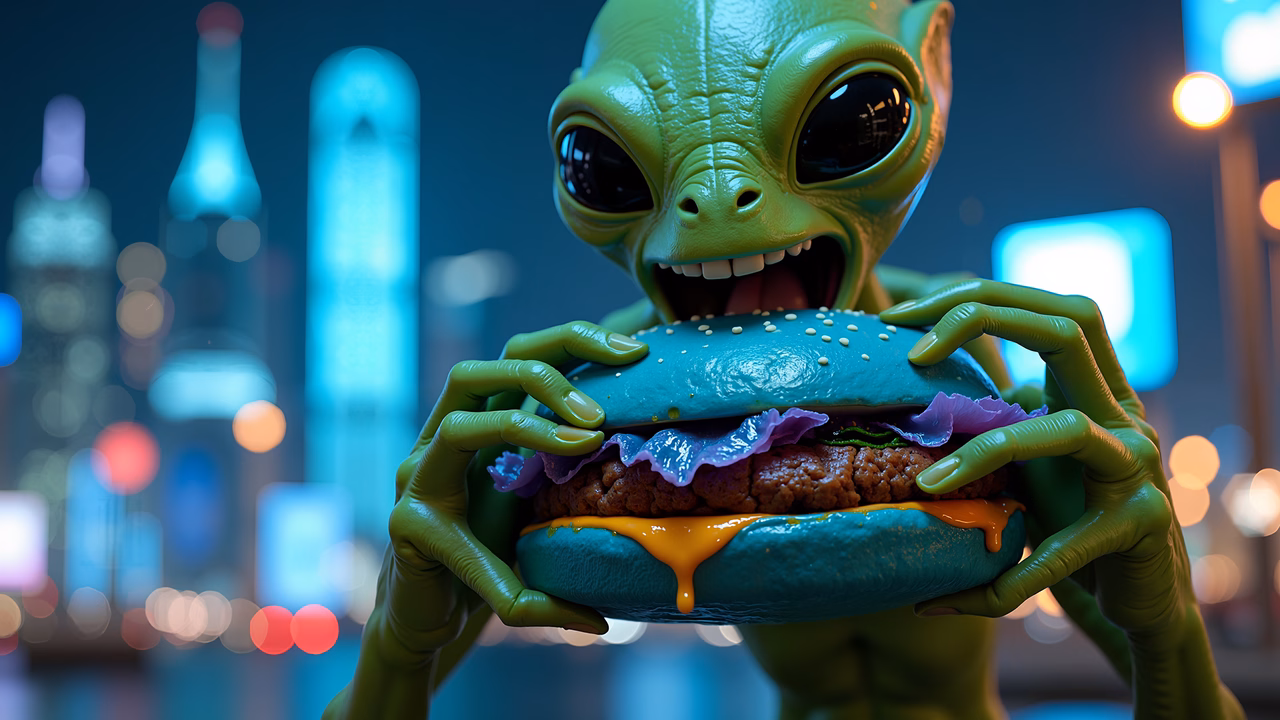 Alien eating a giant burger in a neon-lit cityscape at night.