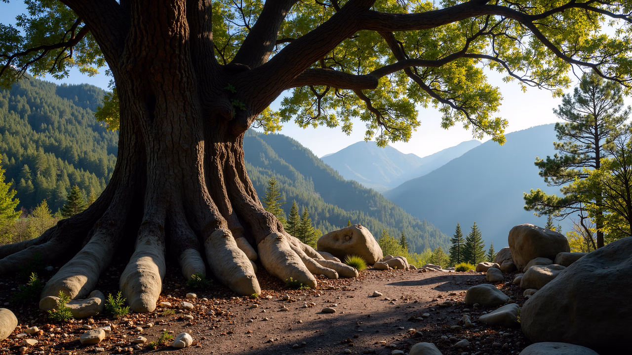 Ancient tree in sunlit valley, serene natural beauty