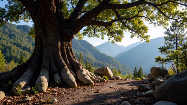 Ancient Tree in Sunlit Valley