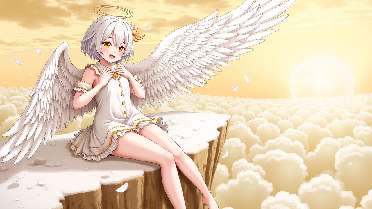 A tranquil angel in a white dress, sitting on a cliff surrounded by clouds, evoking a sense of peace and serenity.