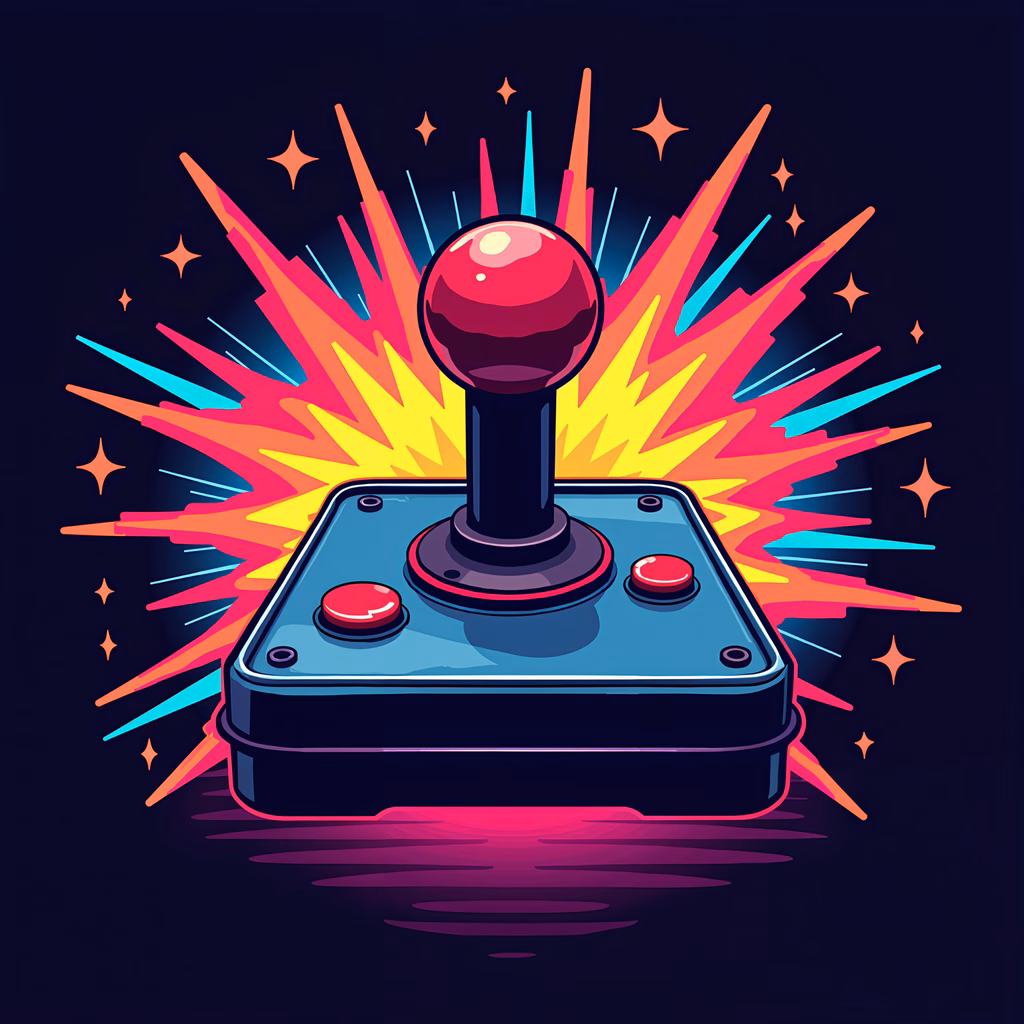 Vibrant arcade joystick illustration with explosive colors and retro vibes.