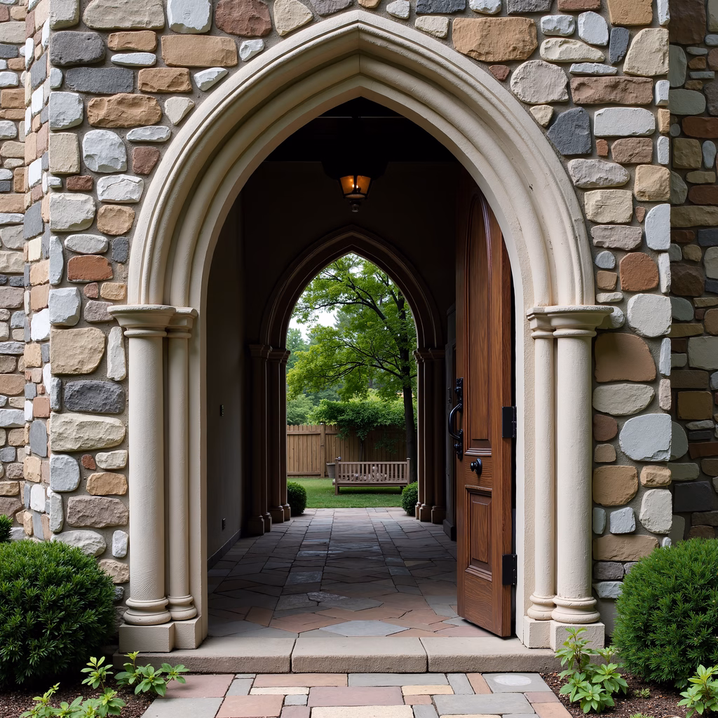 A tranquil arched entrance with warm stone textures and lush greenery.