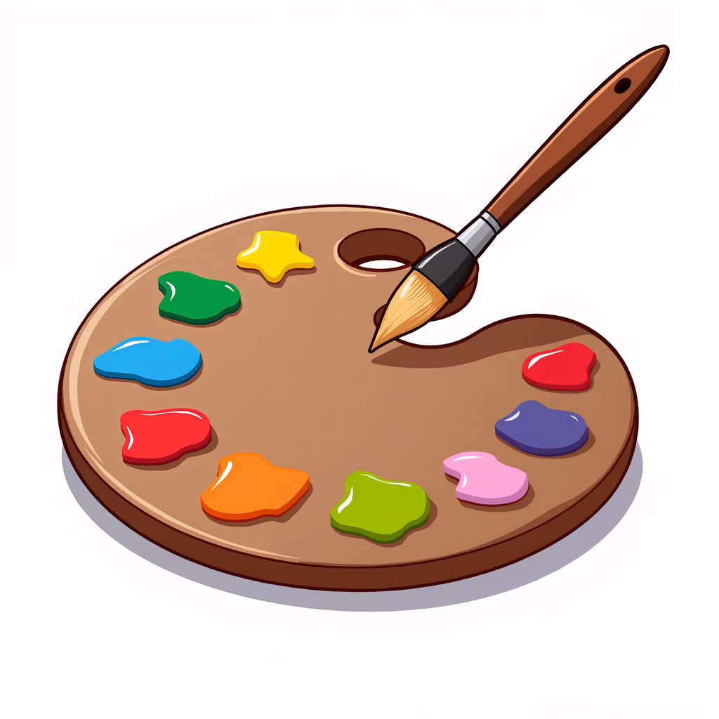 Vibrant artist palette with primary colors and a paintbrush, symbolizing creativity and artistry.