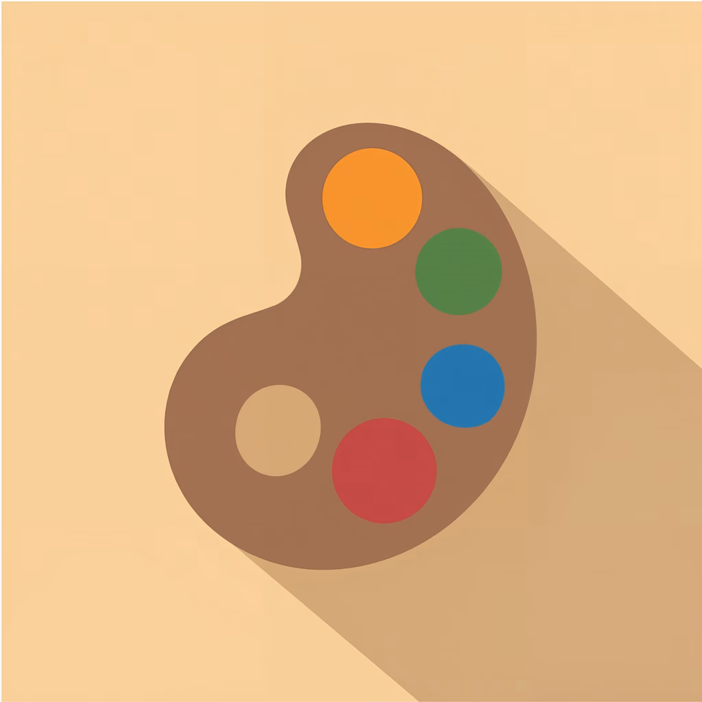 A minimalist artist palette illustration with six primary colors on a beige background.