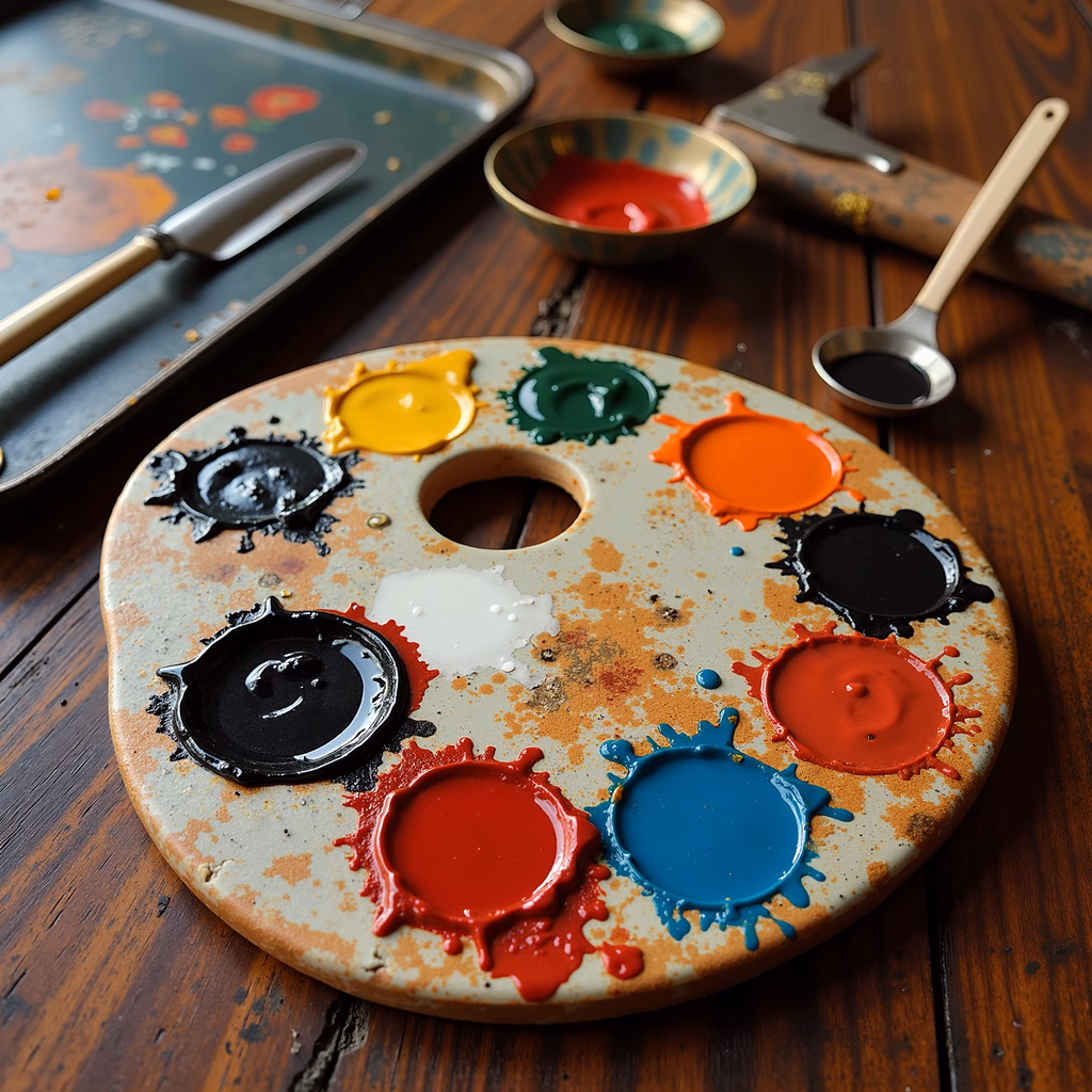 Close-up of an artist palette with colorful paint splatters and tools on a wooden table.