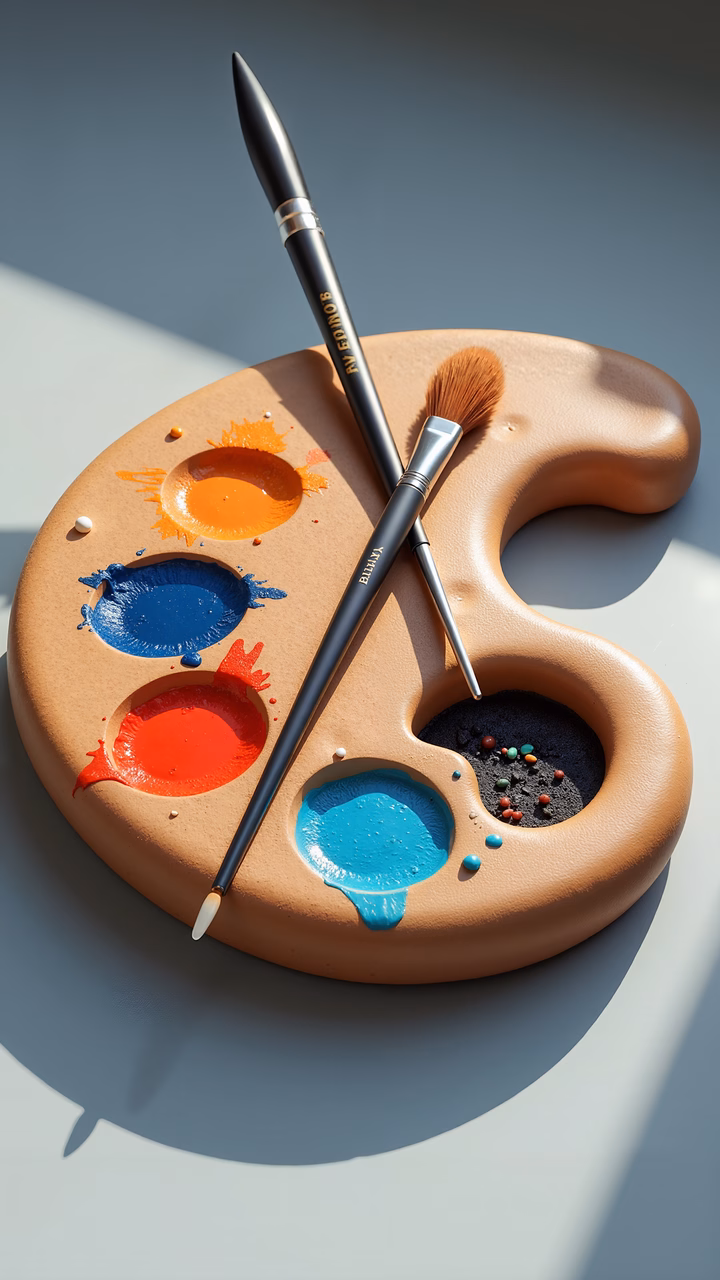 Close-up of an artist's palette with vibrant paint splashes and brushes, illuminated by natural light.