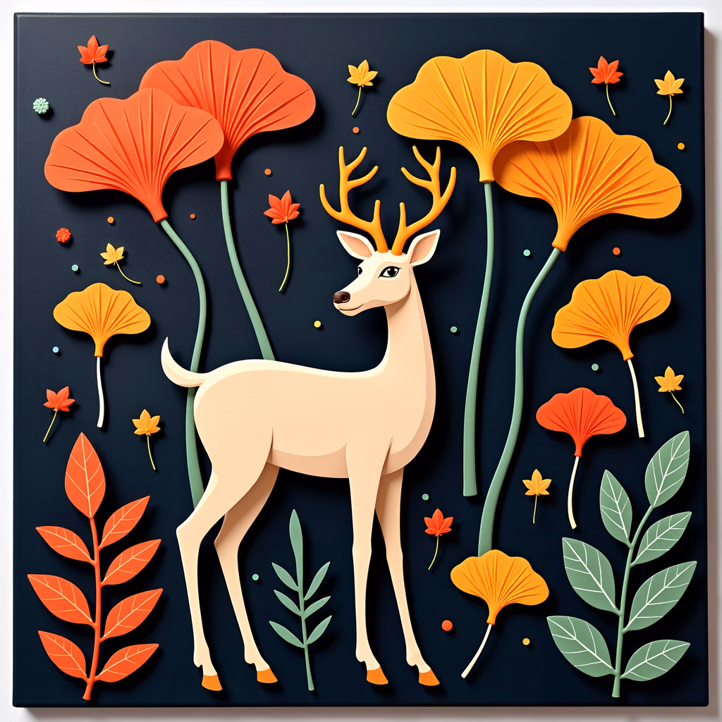 Autumn deer illustration with bold colors and detailed textures.