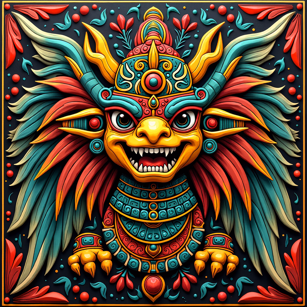 Vibrant Aztec-inspired illustration of a feathered serpent with bold colors and intricate details.