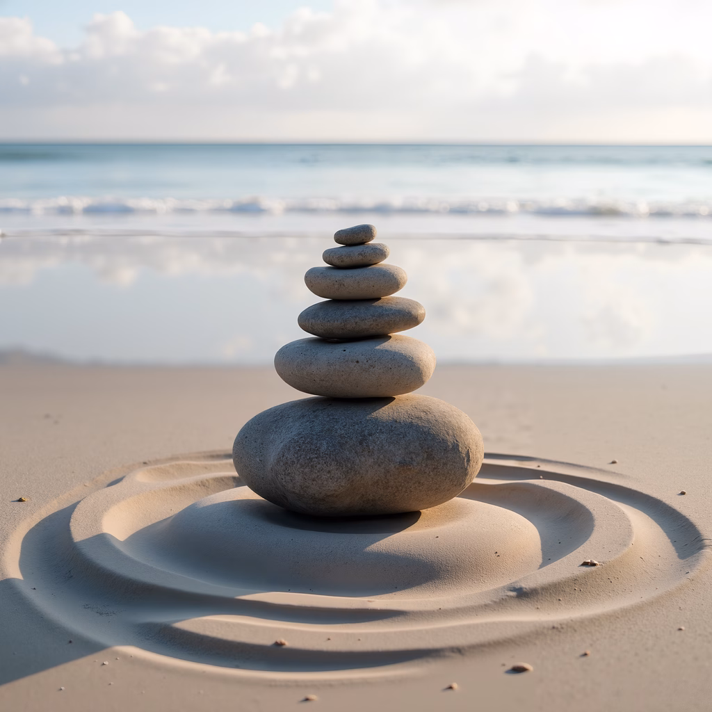 A balanced stone stack on a peaceful beach, symbolizing tranquility and harmony.
